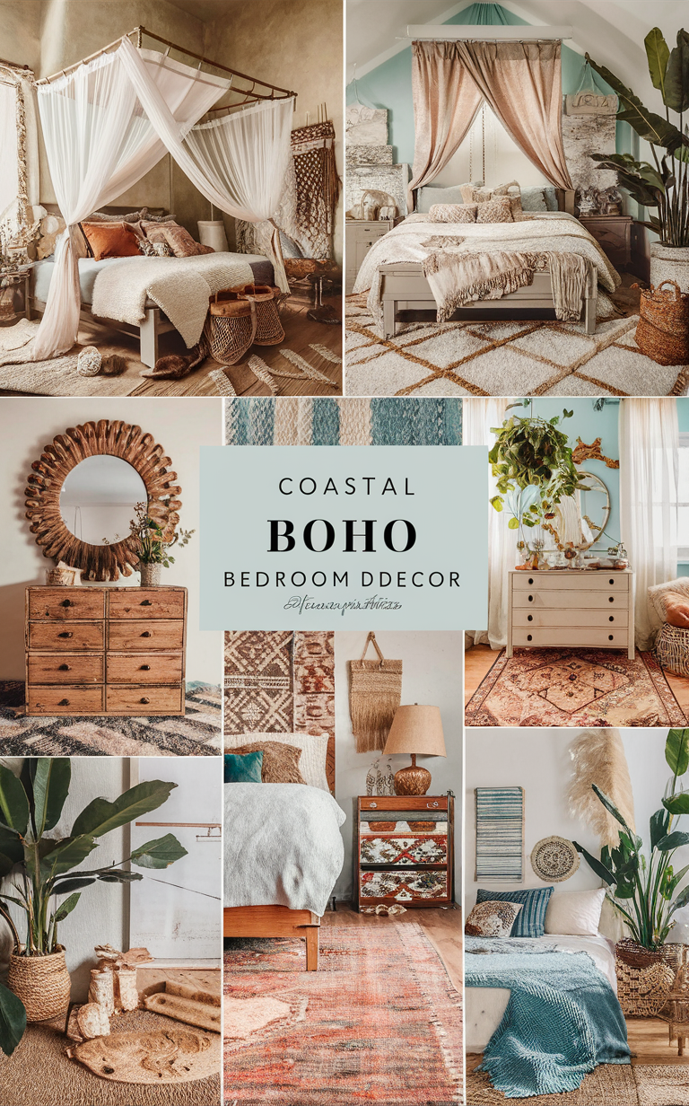 coastal bedroom decor, boho bedding, ocean-inspired furniture, beachy wall art, Mediterranean style accents