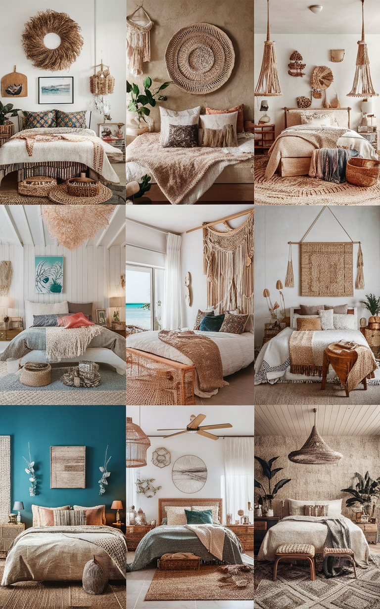 Coastal Boho decor, Bohemian beach style, Oceanic bedroom design, Seaside bohemian interior, Coastal chic bedroom