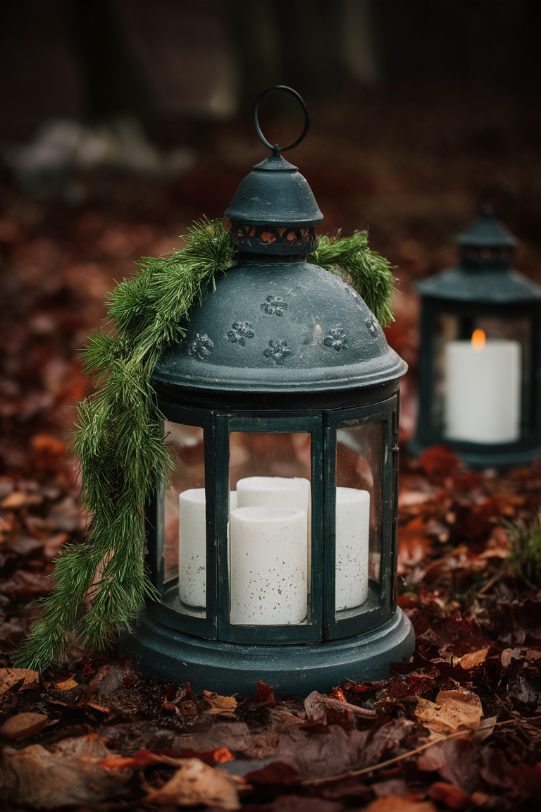 Outdoor lantern decor, Candle centerpiece ideas, Holiday lantern display, Rustic lantern decoration, Lantern lighting ideas