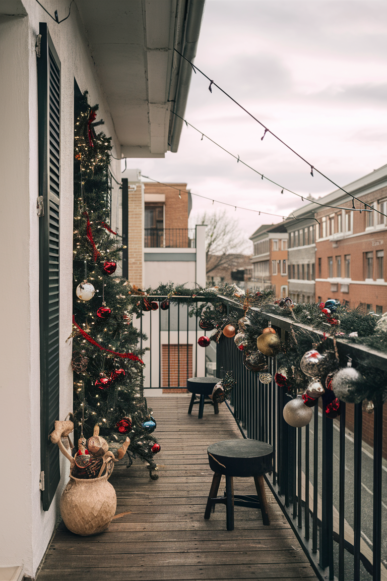 Outdoor ornament display, Balcony ornament holder, Hanging ornament ideas, Creative ornament display, Unique balcony ornament decor