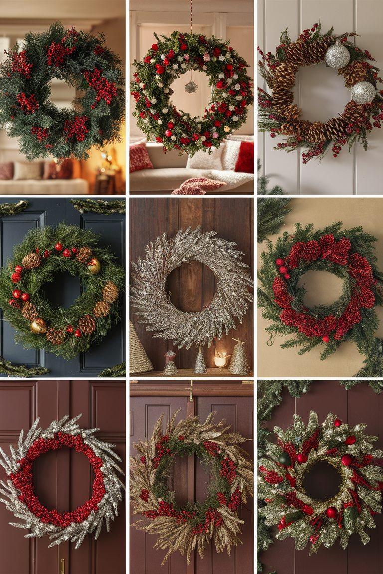 Christmas wreaths, holiday decor, front door decorations, festive ornaments, seasonal home accents