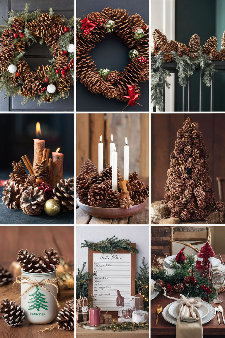 Pinecone wreath ideas, Pinecone centerpiece, Pinecone ornaments, Elegant pinecone decorations, Pinecone garland