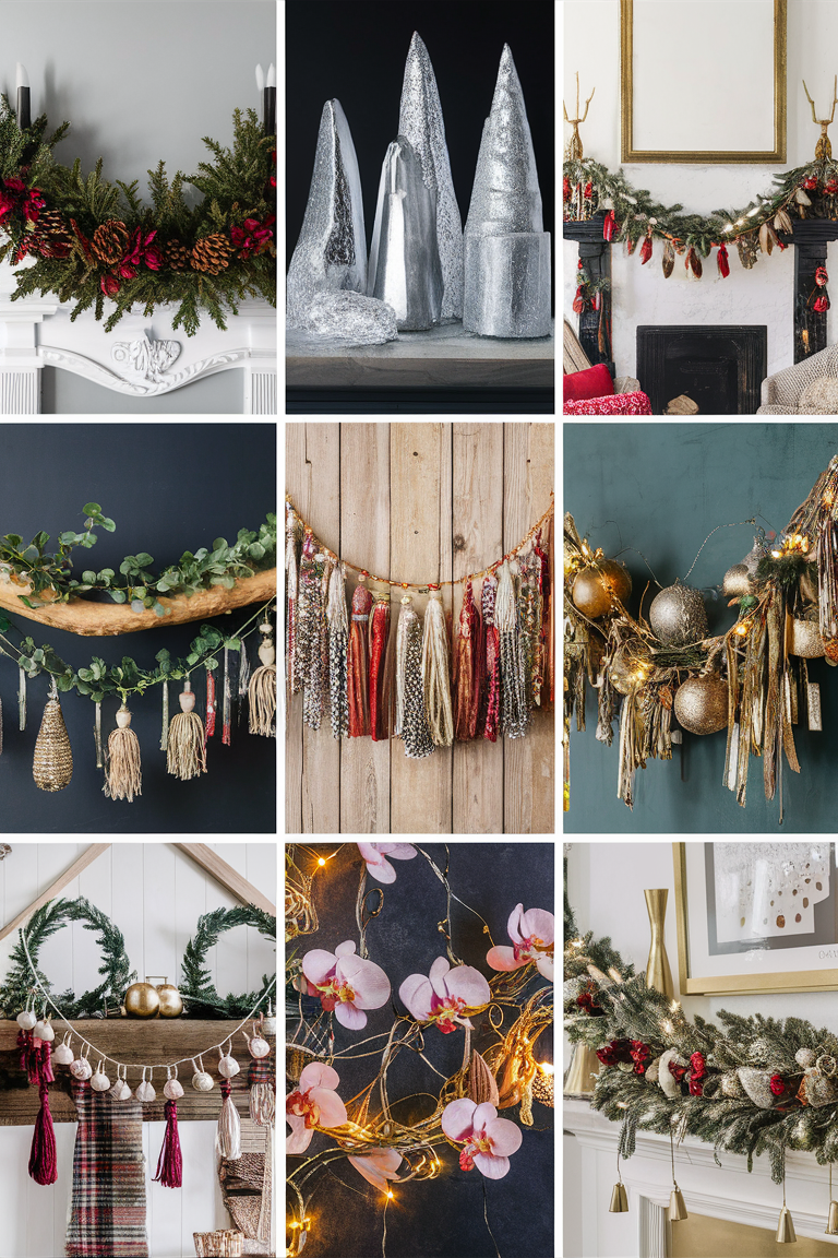 Mantel garland, Holiday decor, Festive fireplace, Christmas mantel, Seasonal decorating