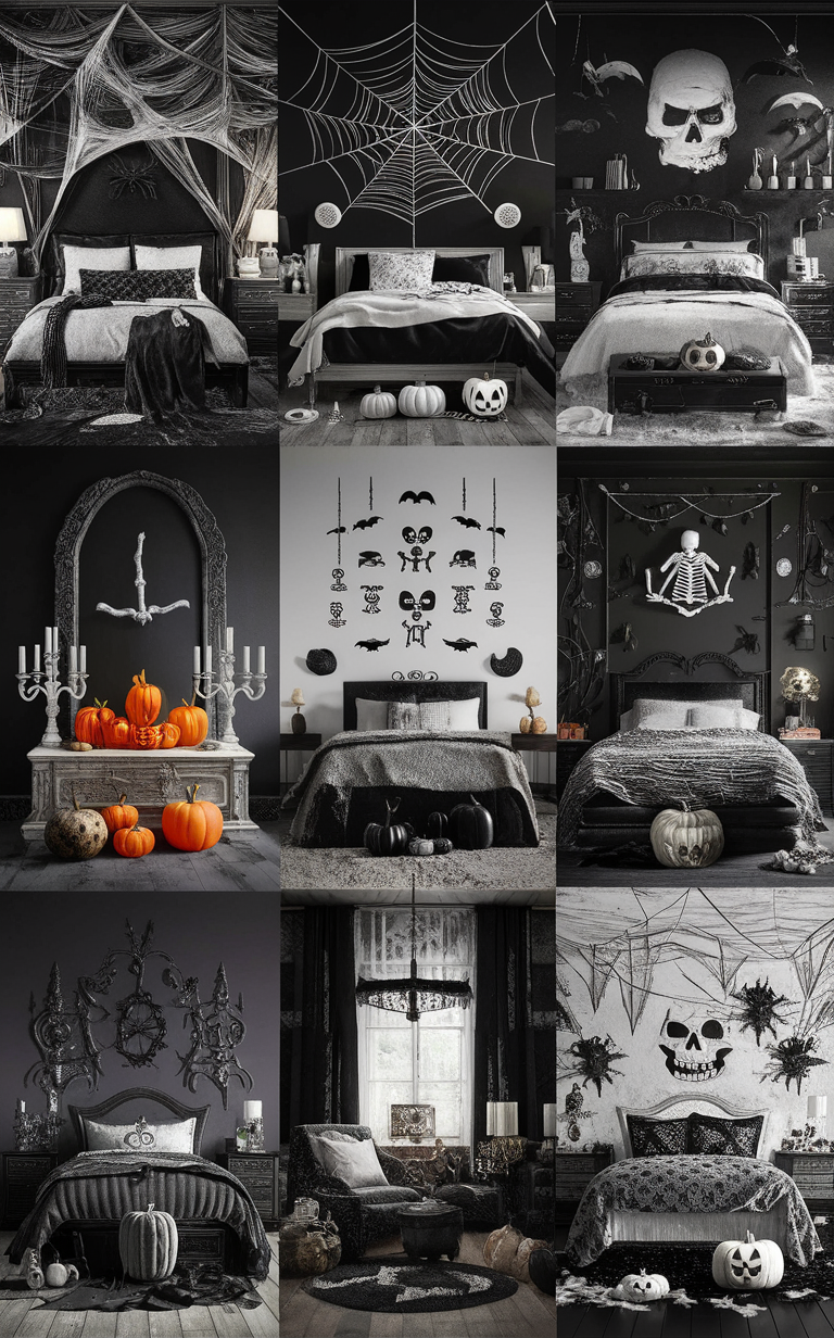 Halloween bedroom decor, Black and white Halloween decor, Spooky bedroom ideas, Halloween bedroom theme, Eerie bedroom design