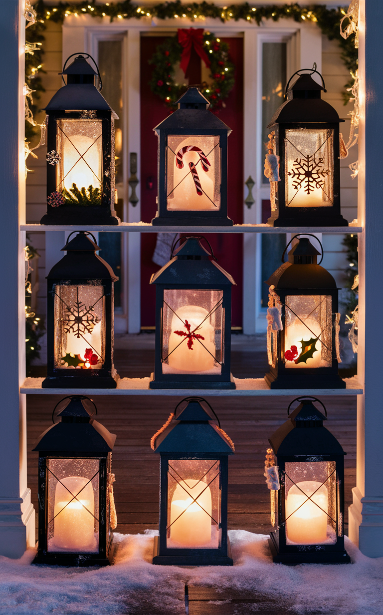 Christmas lanterns, festive porch lighting, holiday lantern decor, outdoor Christmas lights, cozy winter ambiance