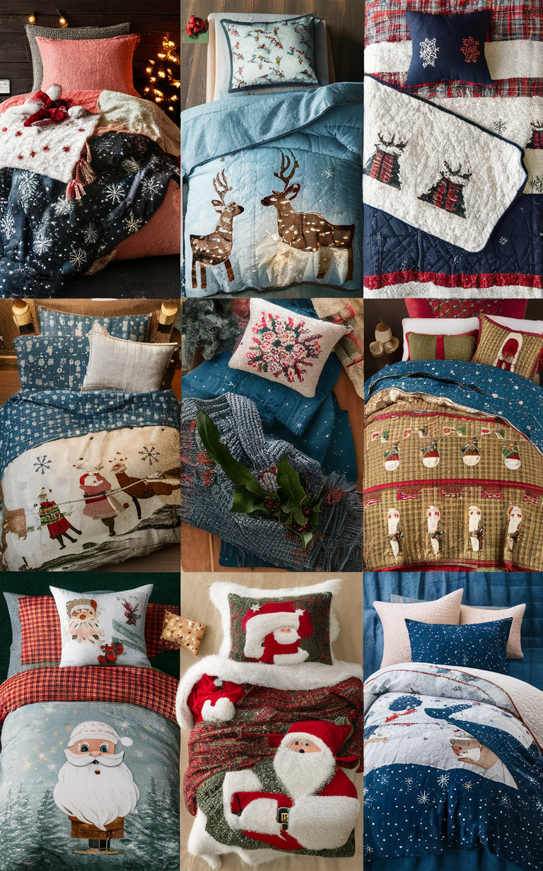 Christmas-themed bedding, holiday comforters, festive pillowcases, winter duvet covers, seasonal throw blankets