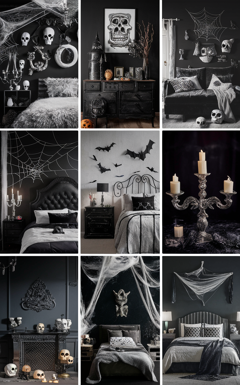 Halloween home décor, Gothic bedroom ideas, Monochrome room design, Haunted bedroom theme, Spooky interior design