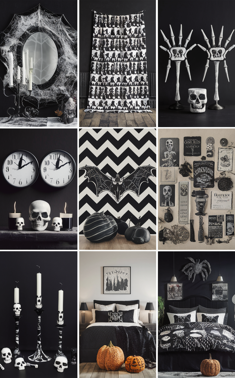 black and white Halloween decor, Halloween bedroom decor, spooky bedroom ideas, Halloween room decorations, creepy bedroom design