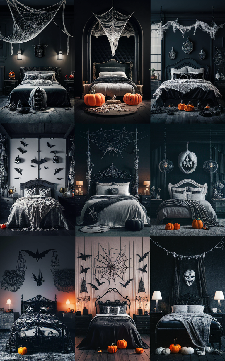 Halloween bedroom decor, Black and white bedroom, Halloween bedroom design, Spooky bedroom ideas, Gothic bedroom theme