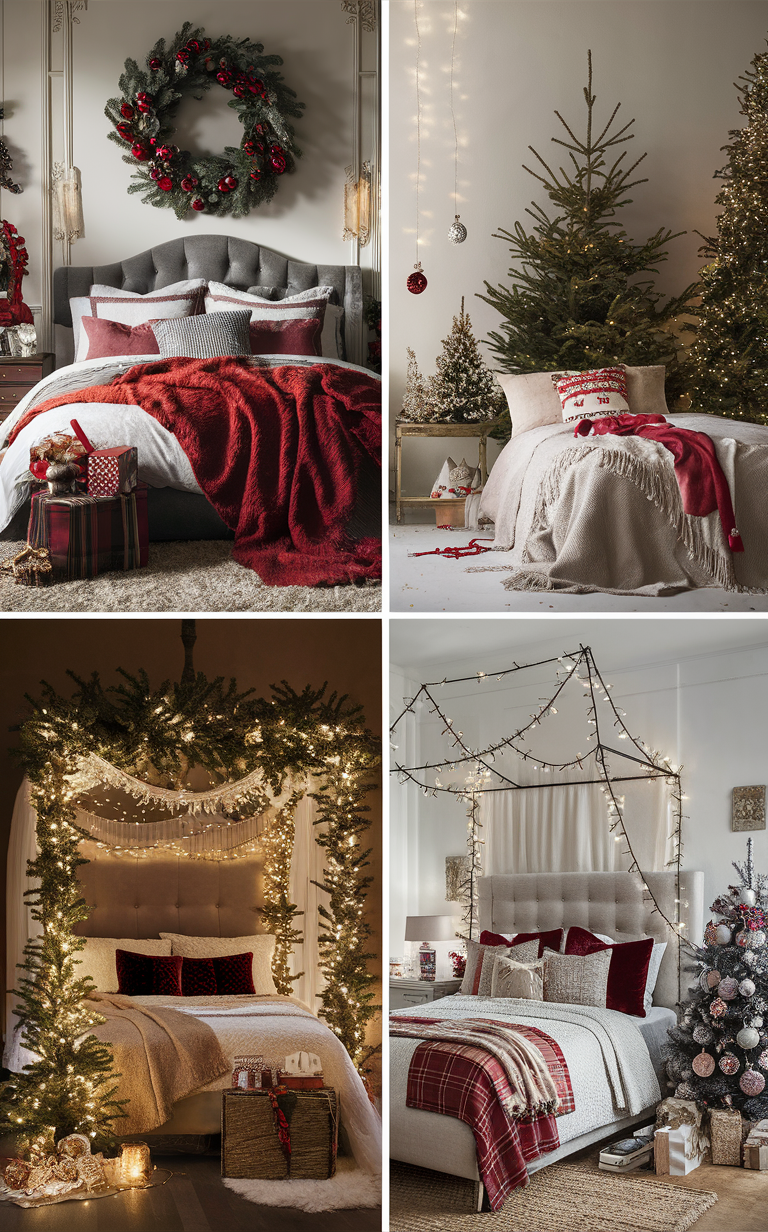 Christmas bedroom decorations, festive bedroom design, holiday bedroom themes, elegant bedroom decor, luxurious holiday bedrooms