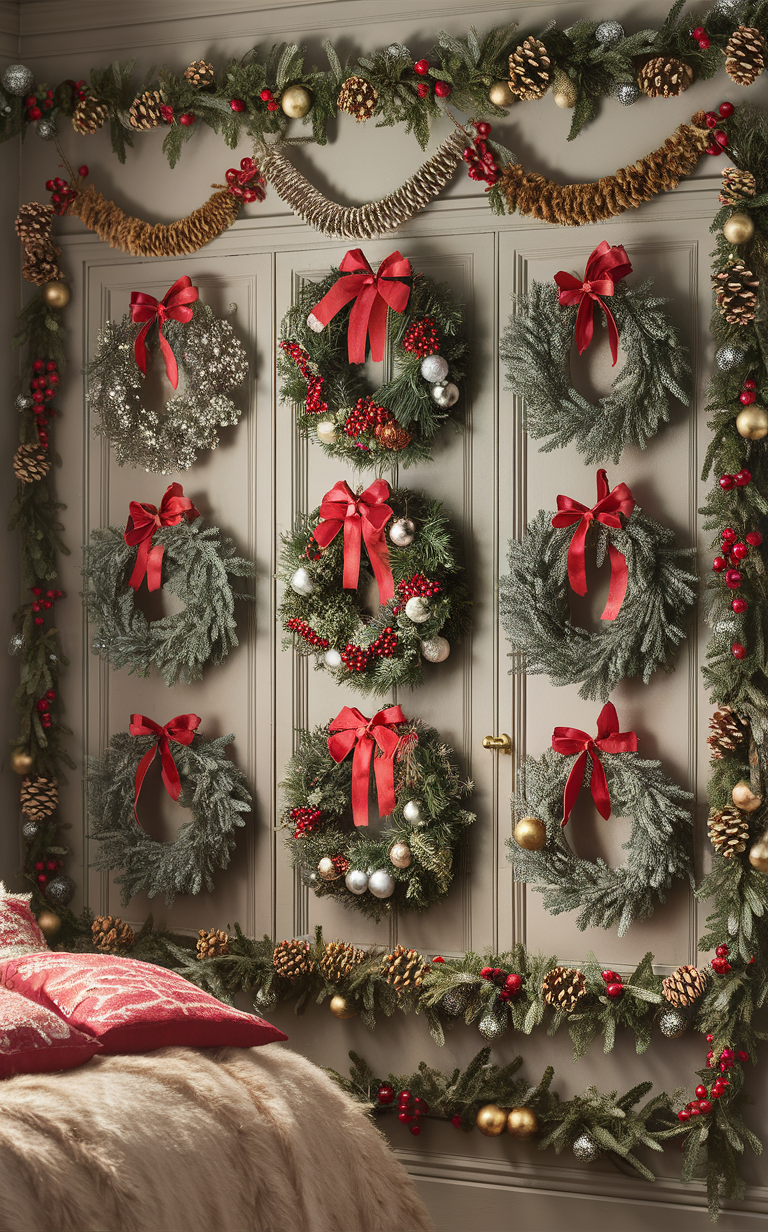 Bedroom décor, Holiday garland, Wreath ideas, Festive home decorations, Christmas wreaths