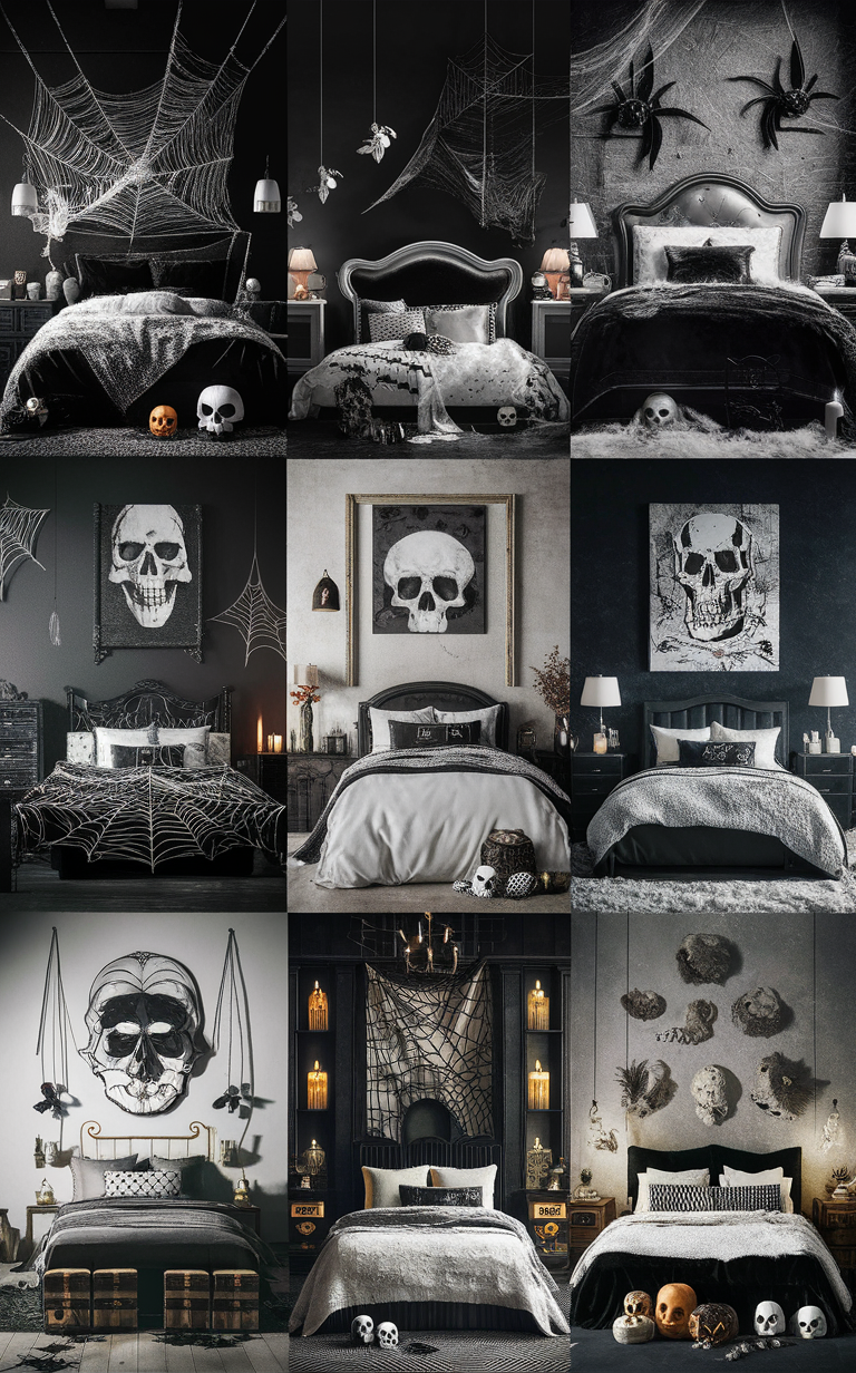 Halloween decor, Black and white room, Spooky decorations, Monochrome bedroom, Gothic style