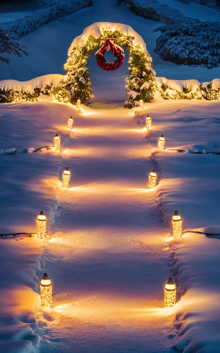 Snowy night pathway, Christmas lighting, Outdoor holiday lights, Winter pathway decor, Festive garden lights