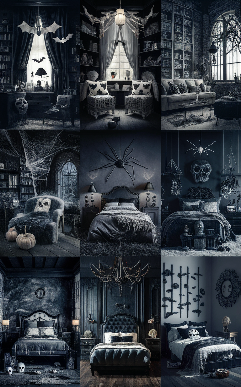 Black and White Halloween Decor, Spooky Bedroom Ideas, Halloween Bedroom Decor, Creepy Bedroom Theme, Haunted Bedroom Design