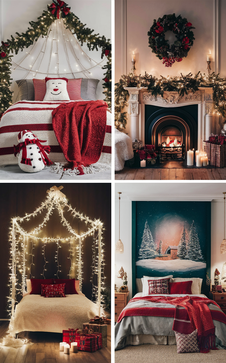 Christmas bedroom decor ideas, holiday bedroom decorations, festive bedroom design, winter bedroom styling, seasonal bedroom makeover