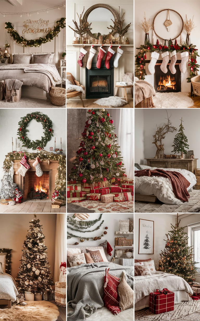 Christmas bedroom decor, Festive bedroom ideas, Holiday bedroom design, Winter bedroom decorations, Cozy room inspiration