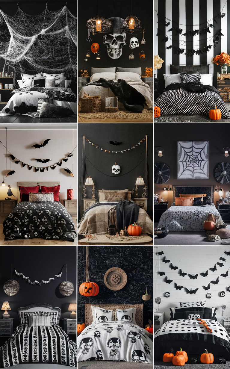 Halloween bedroom decor, Halloween bedroom ideas, Black and white Halloween decor, Spooky bedroom decor, Gothic bedroom ideas