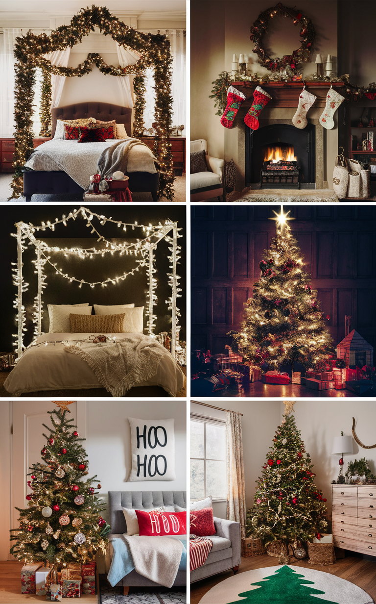 Christmas bedroom decor, Cozy bedroom ideas, Festive bedroom decorations, Holiday bedroom design, Winter bedroom inspiration