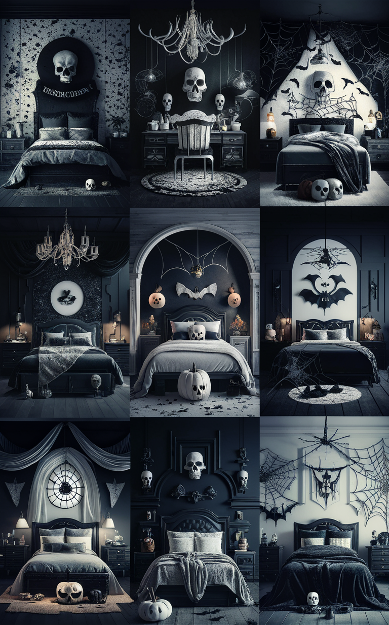 Halloween bedroom decor, Halloween bedroom design, Black and White Halloween bedroom, Modern Halloween bedroom, Spooky bedroom ideas