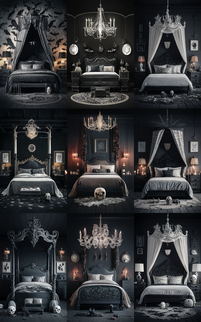 Halloween bedroom decor, Halloween room ideas, Spooky bedroom decorations, Gothic bedroom design, Scary bedroom accessories