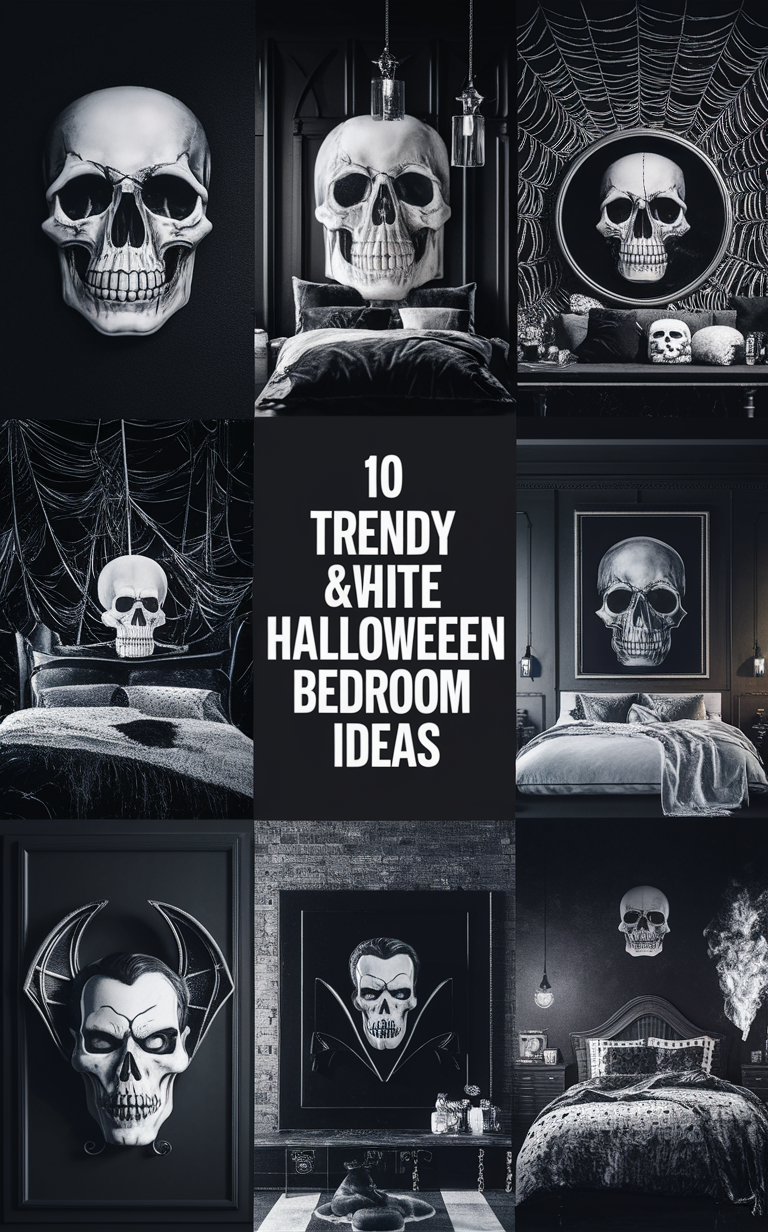 black and white Halloween decor, Halloween bedroom ideas, monochrome Halloween, spooky bedroom, gothic bedroom design