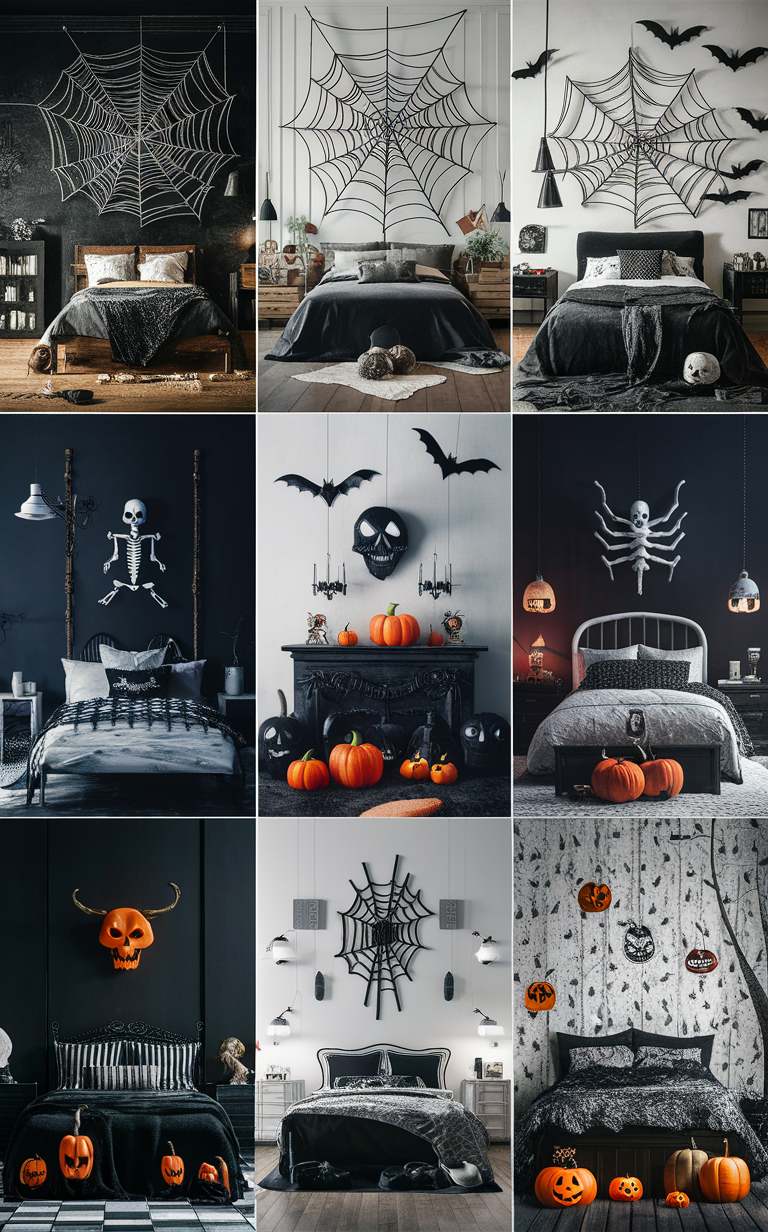 Black and white Halloween decor, Gothic Halloween bedroom, Halloween home decor, Halloween bedroom ideas, Spooky Halloween decor