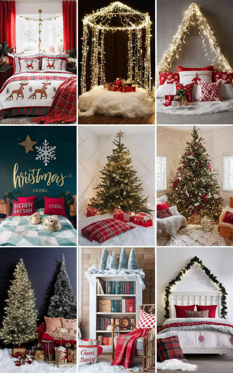 Christmas bedroom decor, Festive bedroom ideas, Holiday bedroom decorations, Seasonal bedroom design, Decorate bedroom for Christmas