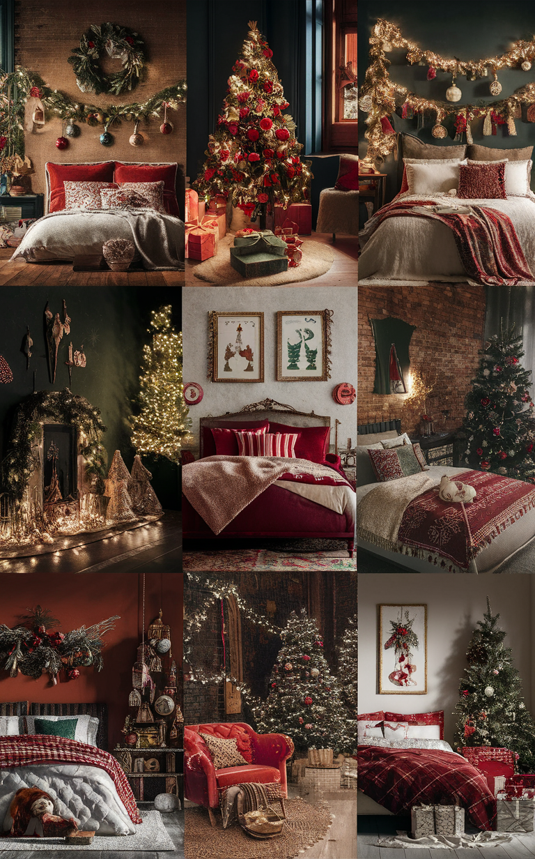 Christmas bedroom decor ideas, cozy holiday vibe, vintage Christmas decorations, festive bedroom design, holiday bedroom inspiration