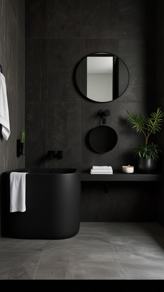 Japandi Bathroom Interior with Black Accents for Contrast