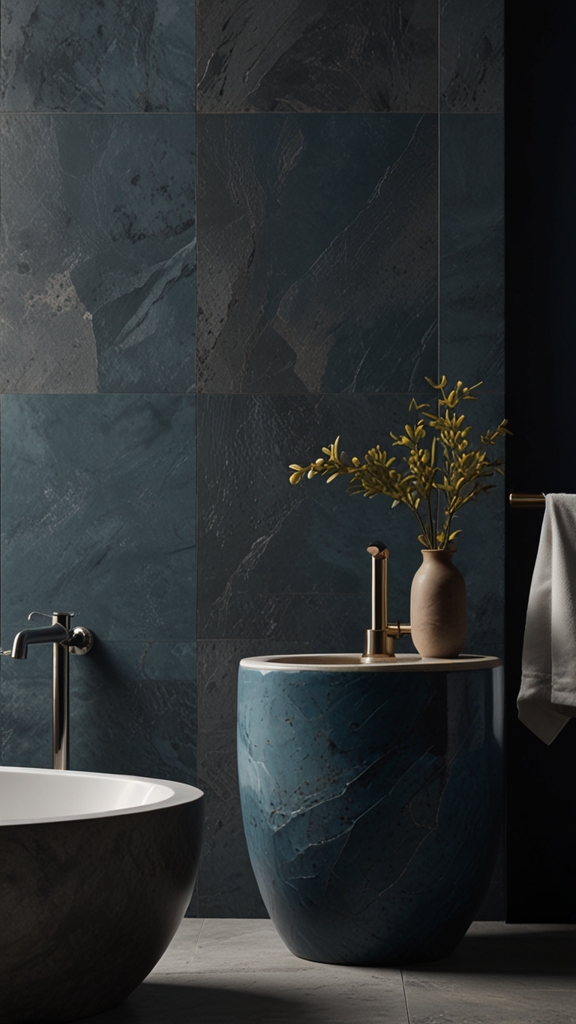 Japandi Bathroom Interior with Stone and Ceramic Textures