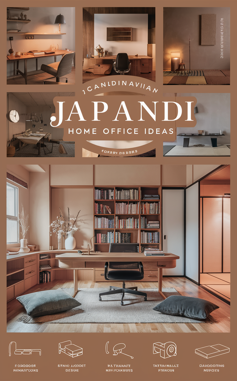 Japandi home decor, minimalist home office, Scandinavian work space, modern Japanese design, hybrid office design