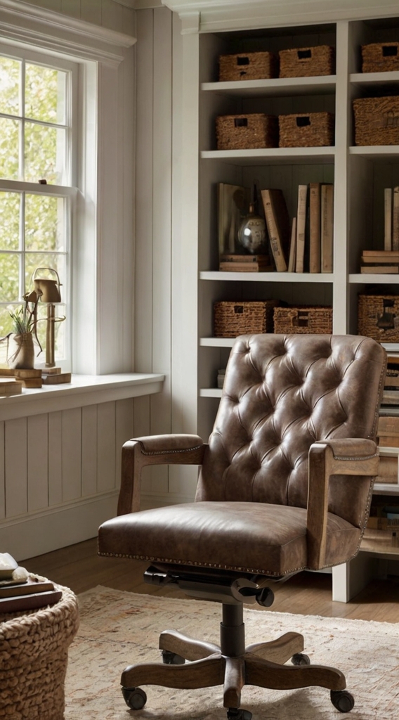 Shiplap walls, farmhouse workspace, neutral office design