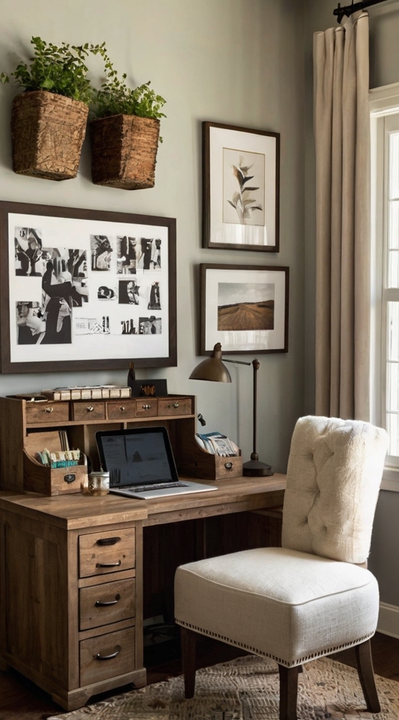 Shiplap walls, farmhouse workspace, neutral office design