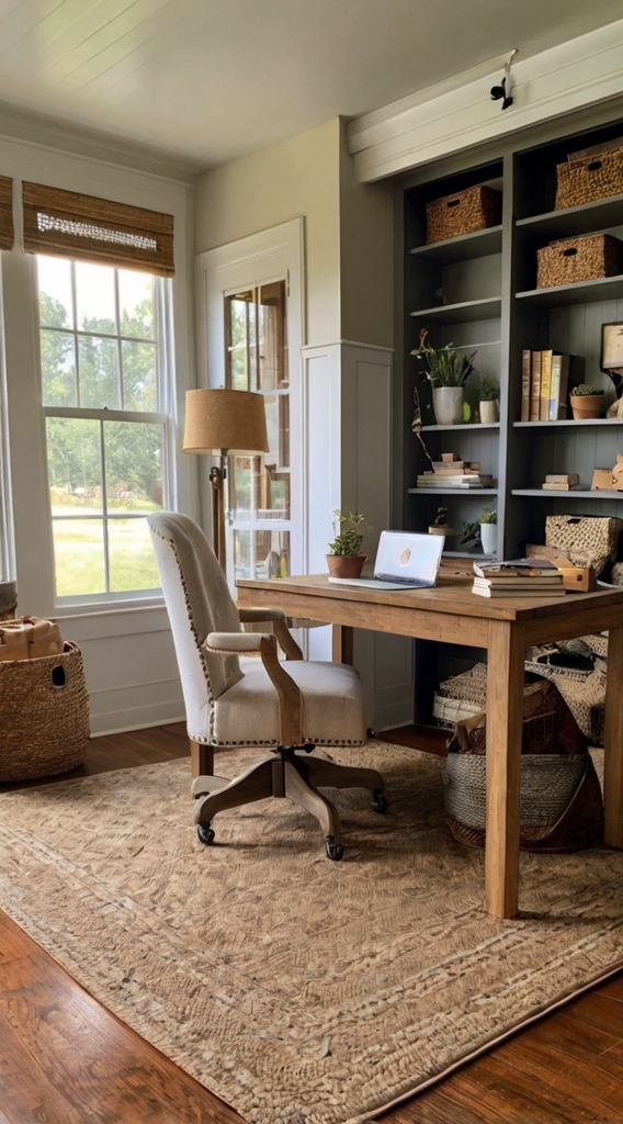 Rustic farmhouse home office, desk with vintage decor, cozy workspace