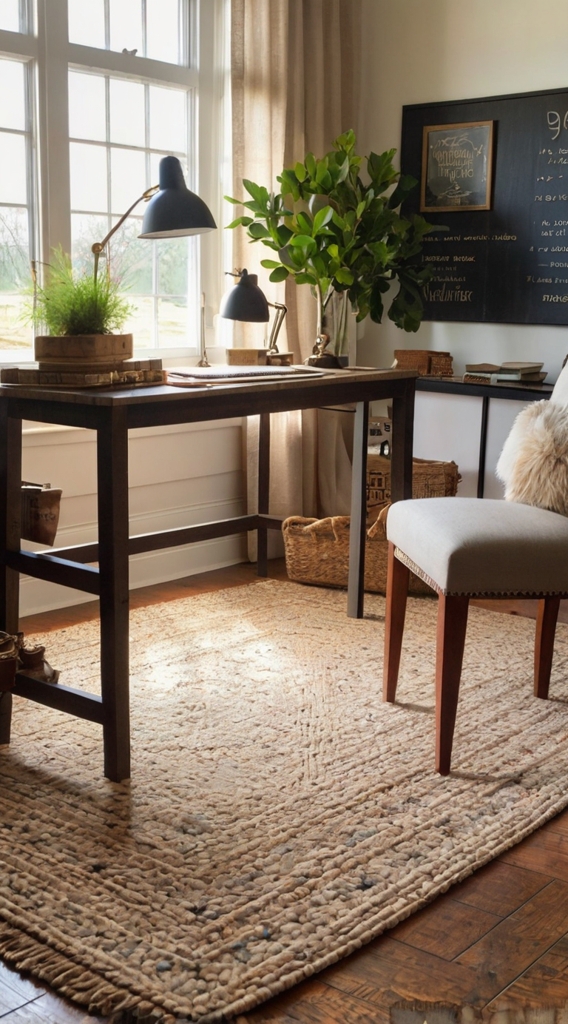 Rustic farmhouse home office, desk with vintage decor, cozy workspace