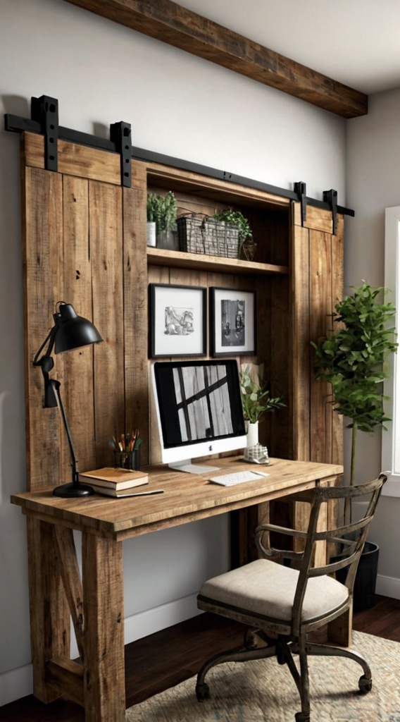 Shiplap walls, farmhouse workspace, neutral office design