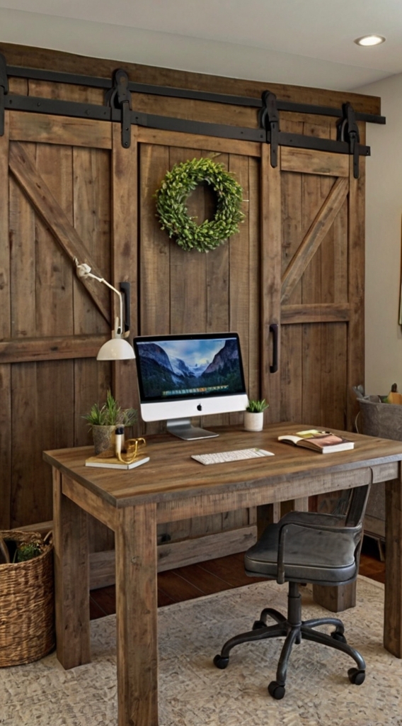 Shiplap walls, farmhouse workspace, neutral office design