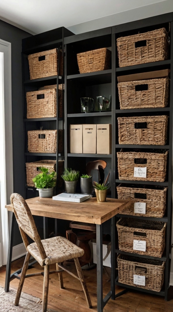 Rustic farmhouse home office, desk with vintage decor, cozy workspace