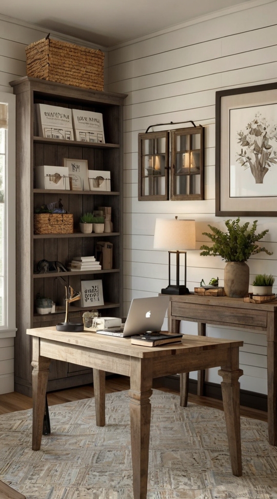 Vintage barn door, farmhouse office remodel, rustic workspace