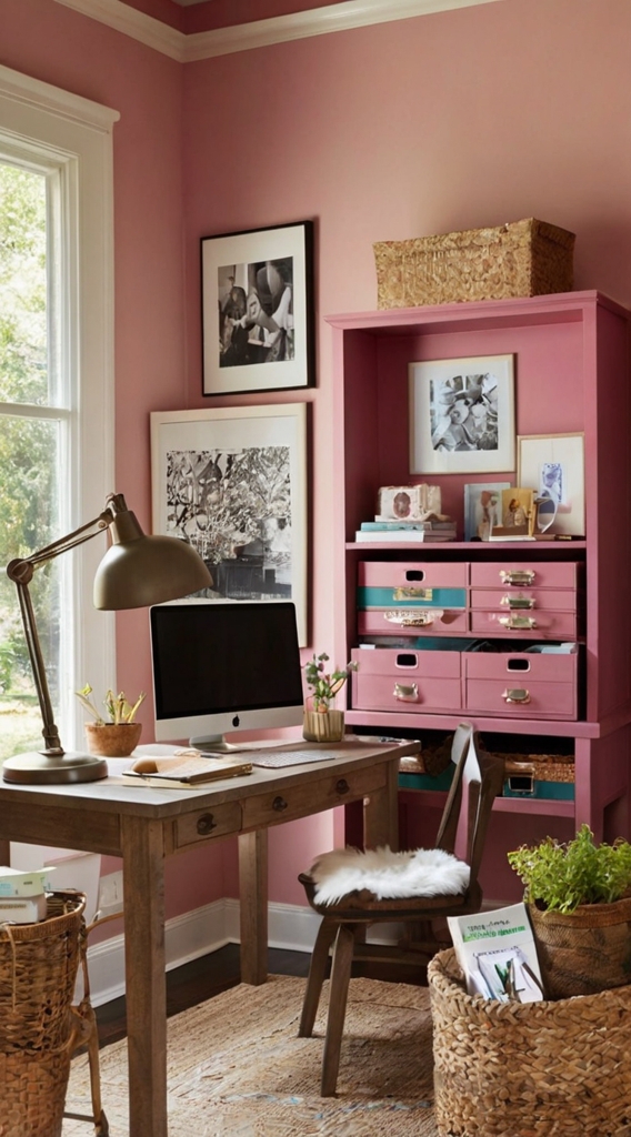 Rustic farmhouse home office, desk with vintage decor, cozy workspace