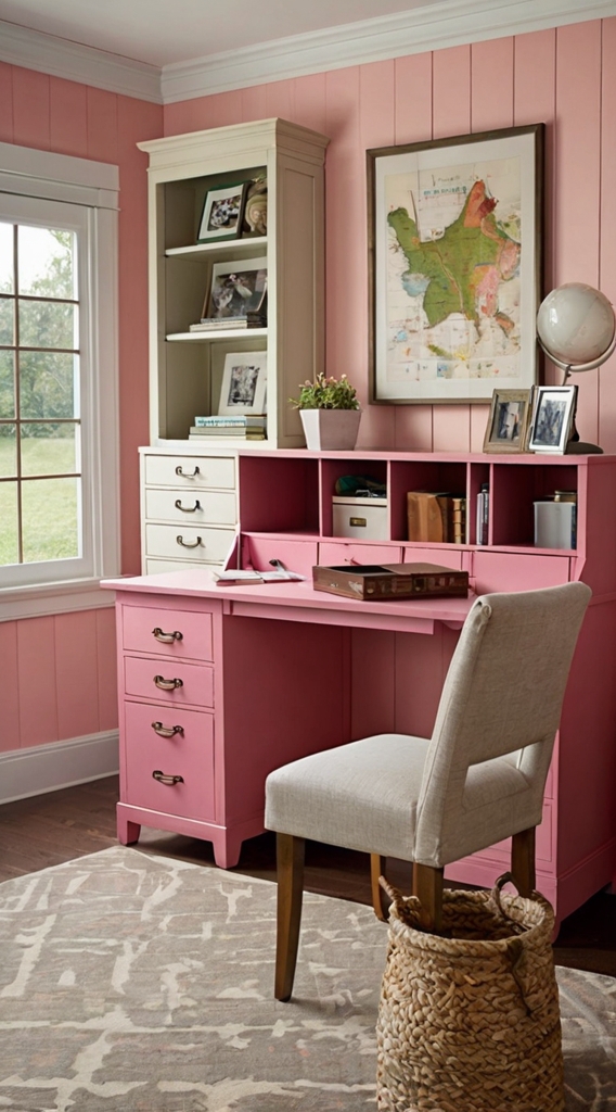 Rustic farmhouse home office, desk with vintage decor, cozy workspace