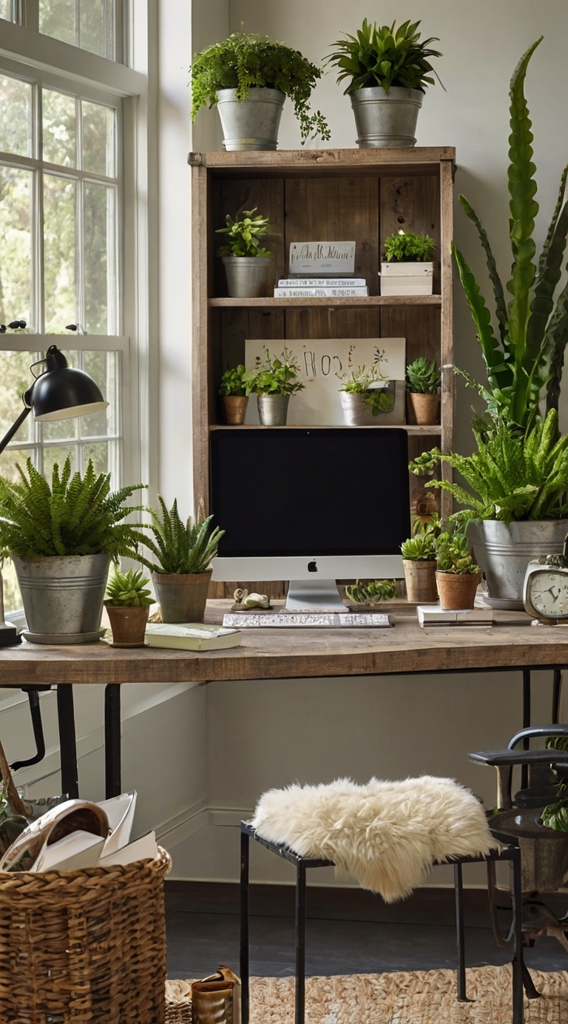 Rustic farmhouse home office, desk with vintage decor, cozy workspace