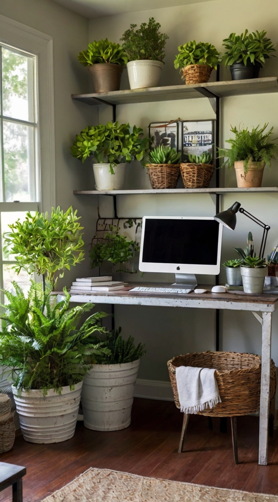 Rustic farmhouse home office, desk with vintage decor, cozy workspace