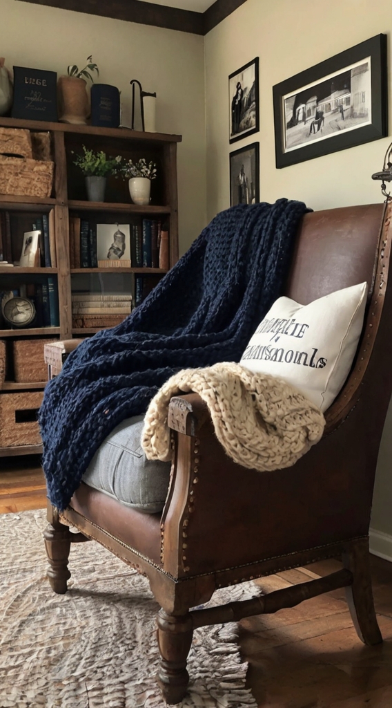 Rustic farmhouse home office, desk with vintage decor, cozy workspace