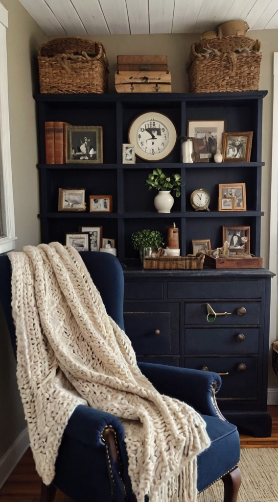 Rustic farmhouse home office, desk with vintage decor, cozy workspace