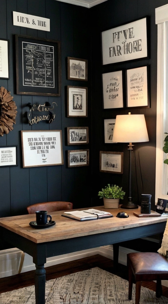 Rustic farmhouse home office, desk with vintage decor, cozy workspace