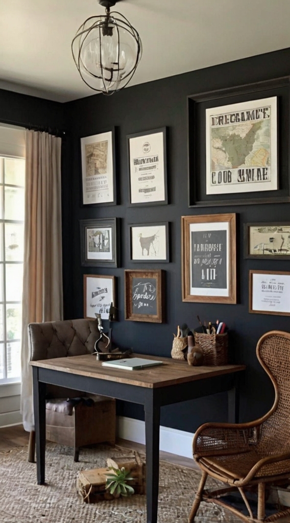 Rustic farmhouse home office, desk with vintage decor, cozy workspace