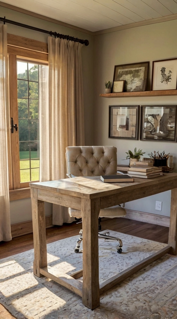 Shiplap walls, farmhouse workspace, neutral office design