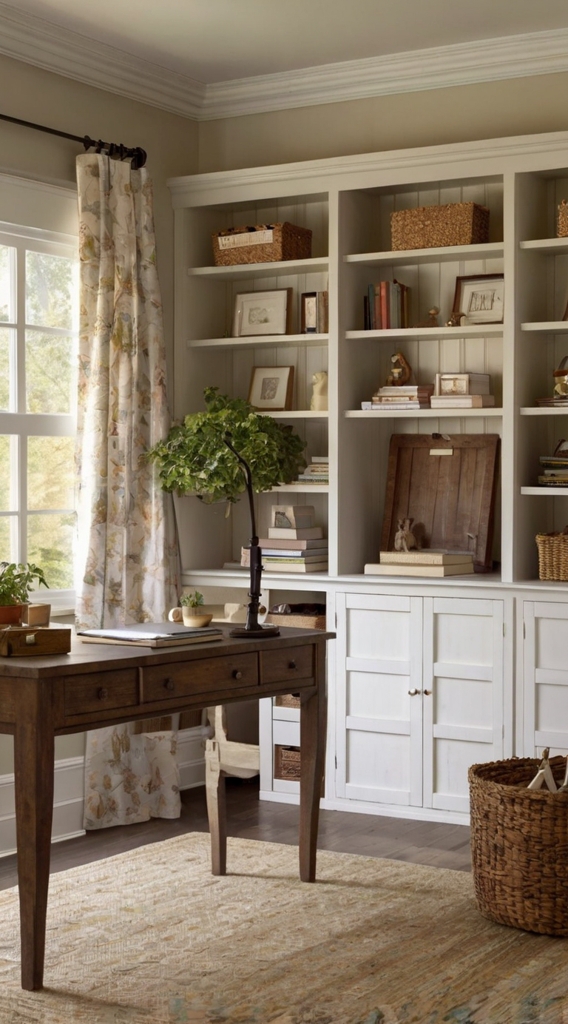 Shiplap walls, farmhouse workspace, neutral office design