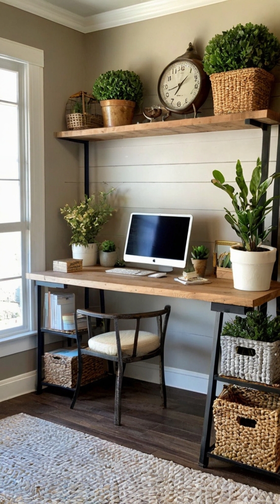 Shiplap walls, farmhouse workspace, neutral office design